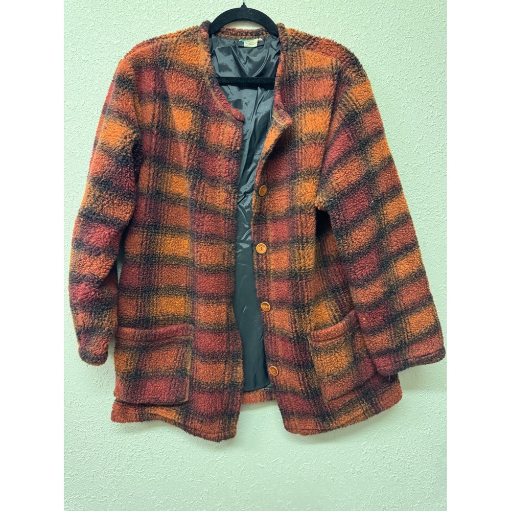 Vintage 90s Avalanche Wear Plaid Fleece Coat Womens Medium Orange Red Made USA